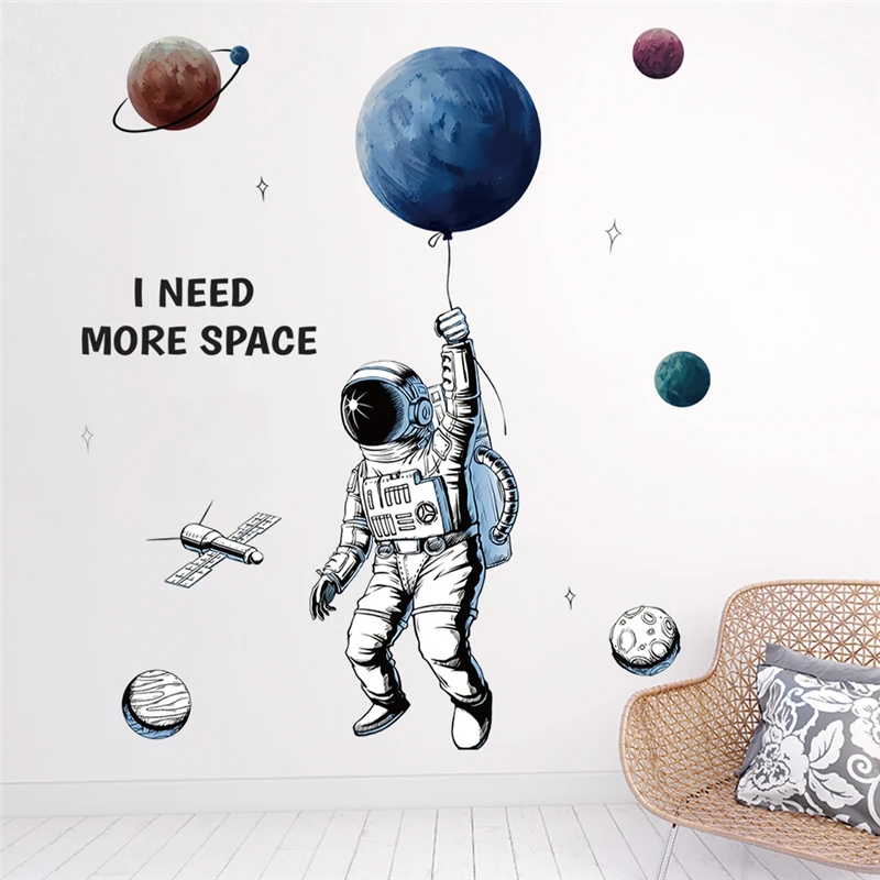 Creative Astronaut Planet Balloon Wall Stickers For Kids Bedroom Home Decoration Space Mural Art Nursery Decals Boy's Posters