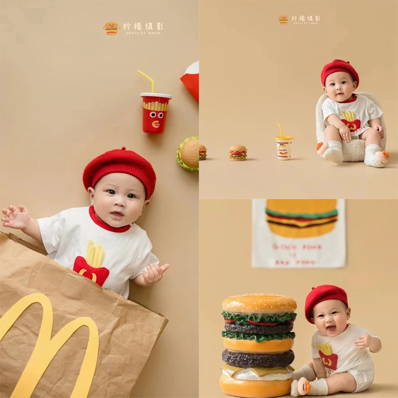 Dvotinst Newborn Photography Props for Baby Food Theme Set Hamburger Chips Outfit Set Fotografia Studio Shooting Photo Props