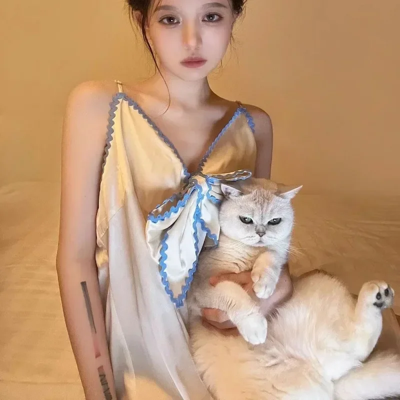 New Nightgown Women Summer French Sexy Sling New Sleepwear Homewear Blue Side Bow Cute Sweet Design Dresses Sleepwear Women