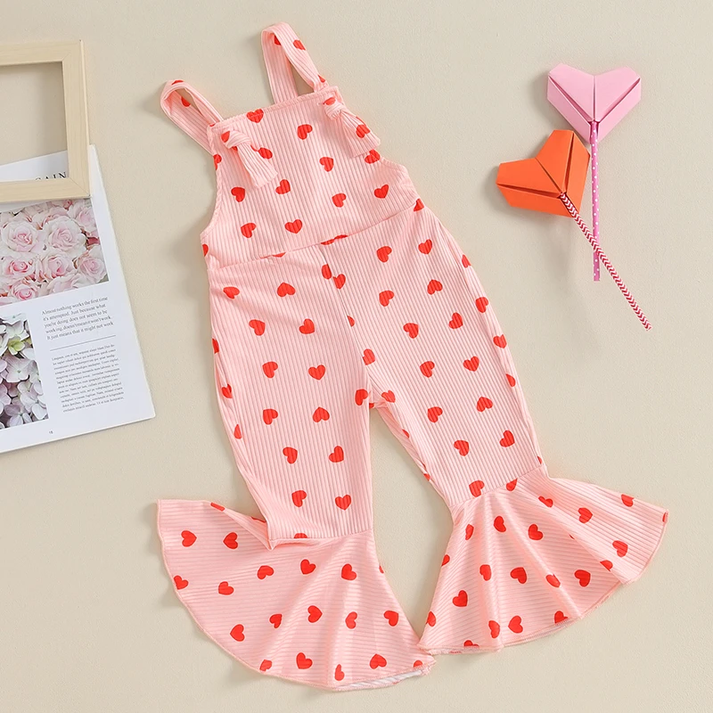 

Baby Girl Overalls Sweet Heart Printed Flare Sleeveless Strap Jumpsuit Bell Bottoms Valentine Day Fall Clothes