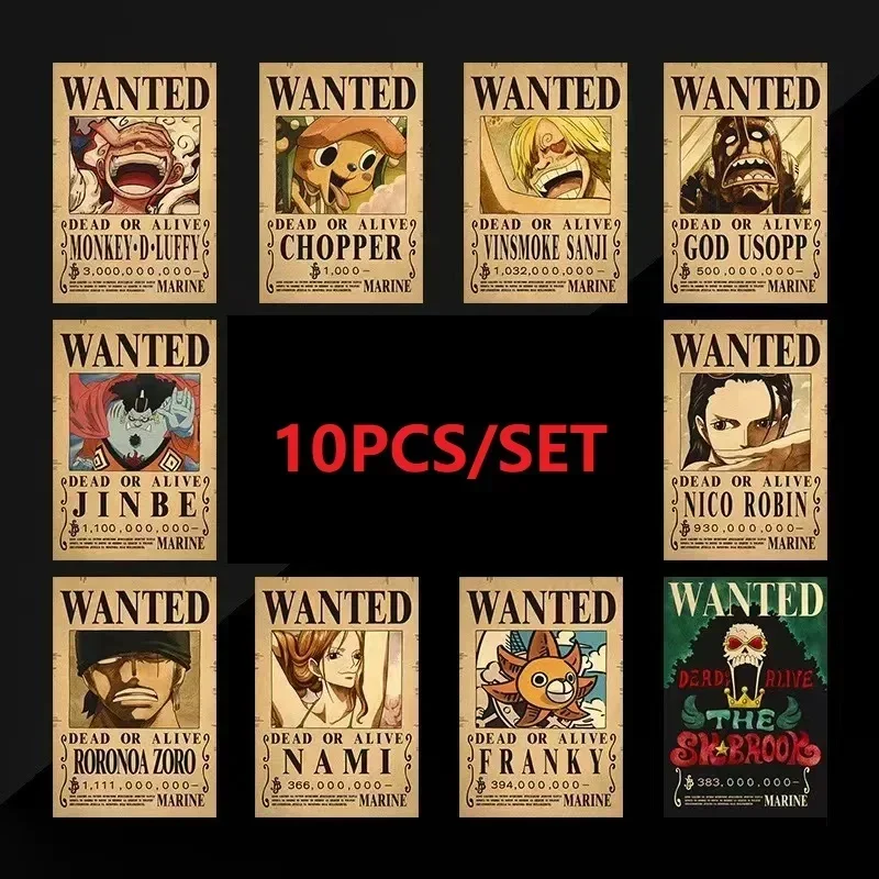 10Pcs Anime Rufy Cappello Di Paglia Pirati One Piece Wanted Poster Stickers Pittura Vintage Kid Bed Room Wall Decorare Giocattolo Per Adulti Regalo