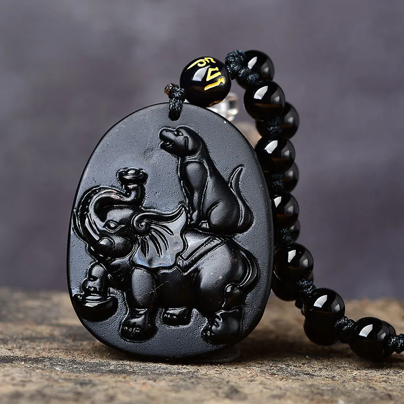 

Natural Black Obsidian Hand Carved Dog Elephant Pendant Fashion Jewelry Men's and Women's Twelve Zodiac Two In One Necklace