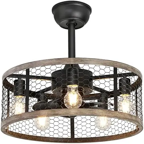 

Flush Mount Caged Ceiling Fan with Lights Remote Control, Farmhouse Rustic Low Profile Small Vintage Enclosed Ceiling Fan Lighti