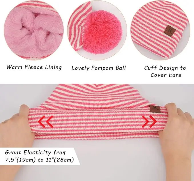 Winter Toddler Pom Beanie Hat and Mittens Gloves Set Warm Knit Fleece Lined for Boy Girl Kids Age 2-5