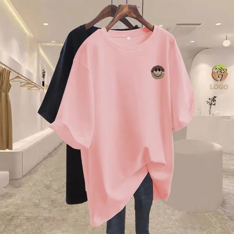 

Ladies Cute Smiling Face Pure Cotton T-shirt 2024 Summer Loose and Slim Short Sleeved Top Lady Versatile Basic Large Fashion Tee