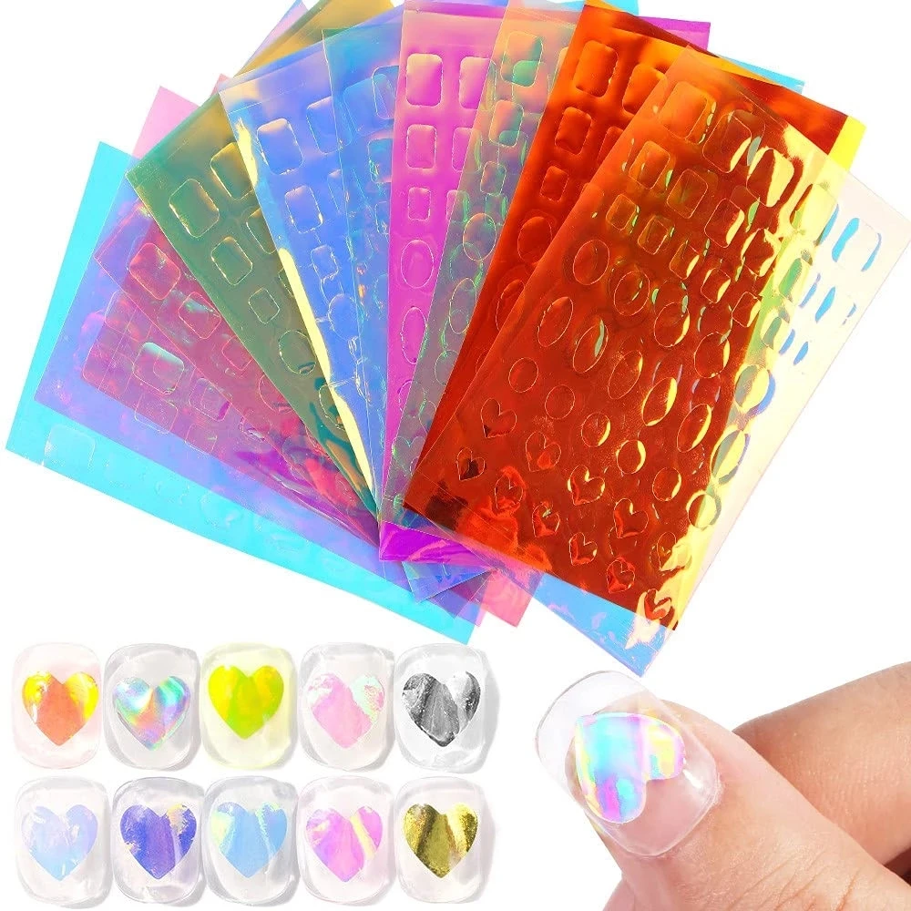 Aurora Ice Glass Paper Nail Foil Sticker Laser Holographic Cellophane Nail Decals Rainbow Reflective Candy Stickers 11pcs
