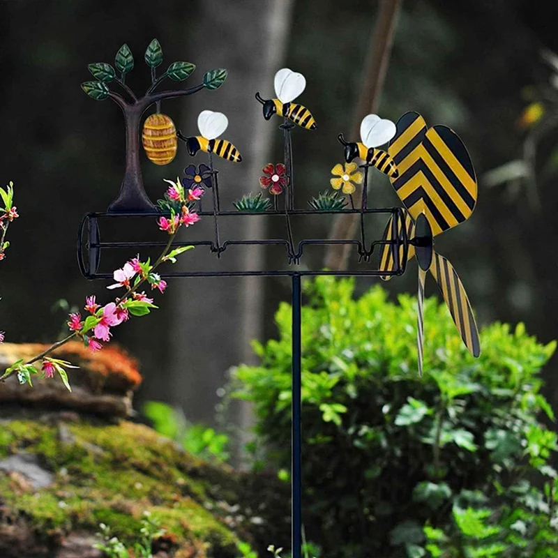 

New Metal Bee Windmill 3 Small Bees Wind Spinner Bees Wind Spinner Yard Gardening Decorative Pinwheel Garden Decoration Outdoor