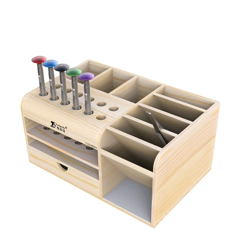 Toolguide Scatola di immagazzinaggio in legno Cacciavite Pinzette Supporto Riparazione del telefono cellulare Reception desktop Strumenti elettronici Scatola di parti di utensili - immagine 3