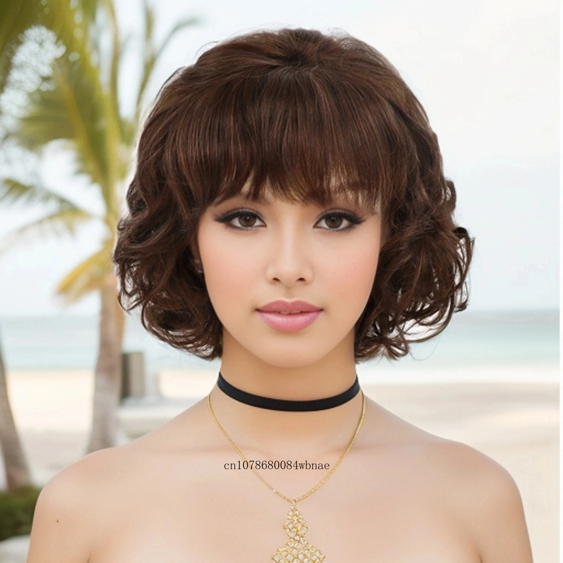 

Женские Модные Пушистые синтетические волосы, короткие коричневые вьющиеся парики с челкой для женщин, термостойкие костюмы для повседневной вечеринки