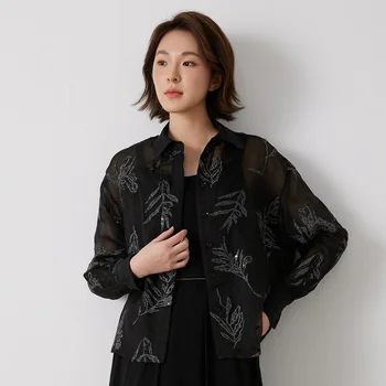 K3014W Luxury Lapel 100% Silk Blouse Embroidery Sequin Advanced ready to wear clothing