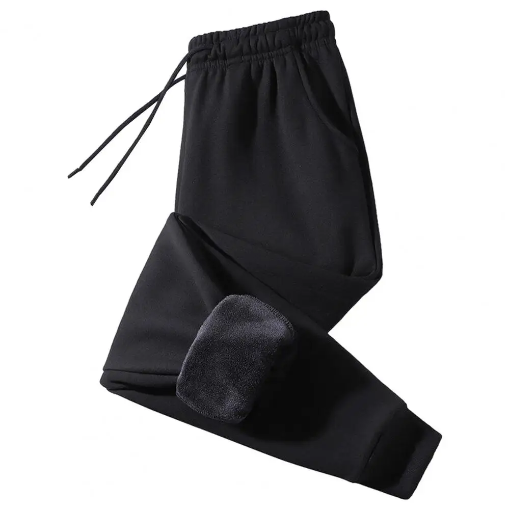 

Men Fleece-lined Pants Thick Plush Men's Winter Pants Drawstring Elastic Waist Pockets Ankle-banded Sports Trousers Warm Men