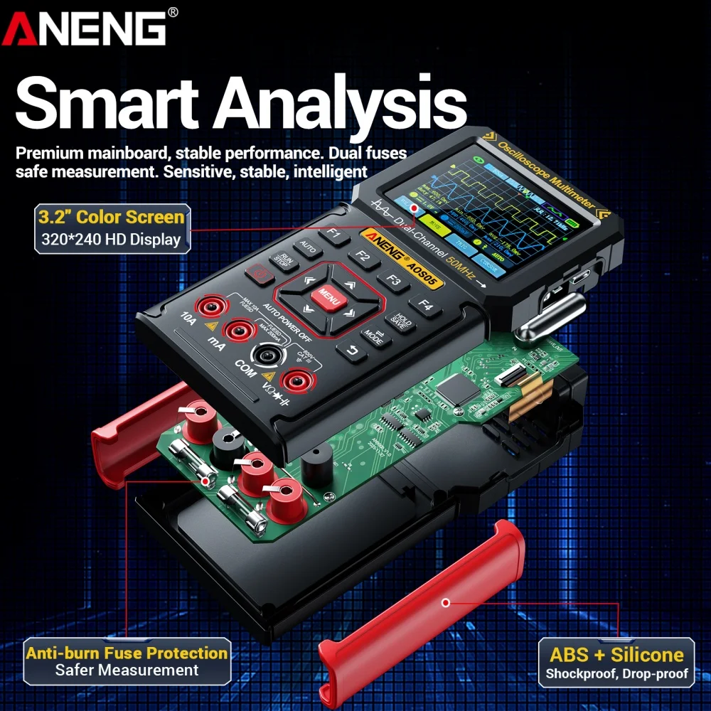 AOS05 휴대용 디지털 오실로스코프 0-1000V 3-in-1 멀티미터 듀얼 채널 50MHz 200MS/s 자동차 수리용 신호 발생기