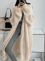 Femme longue tricoté manteau décontracté automne hiver mode manches longues avec poche Cardigan pull dames confort chaud chandails 5
