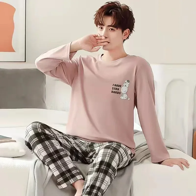 Men Pajama Set Long Sleeves Trousers Nightwear Homewear Large Size Breathable Student Letter Sleepwear Loungewear Two-Piece Set