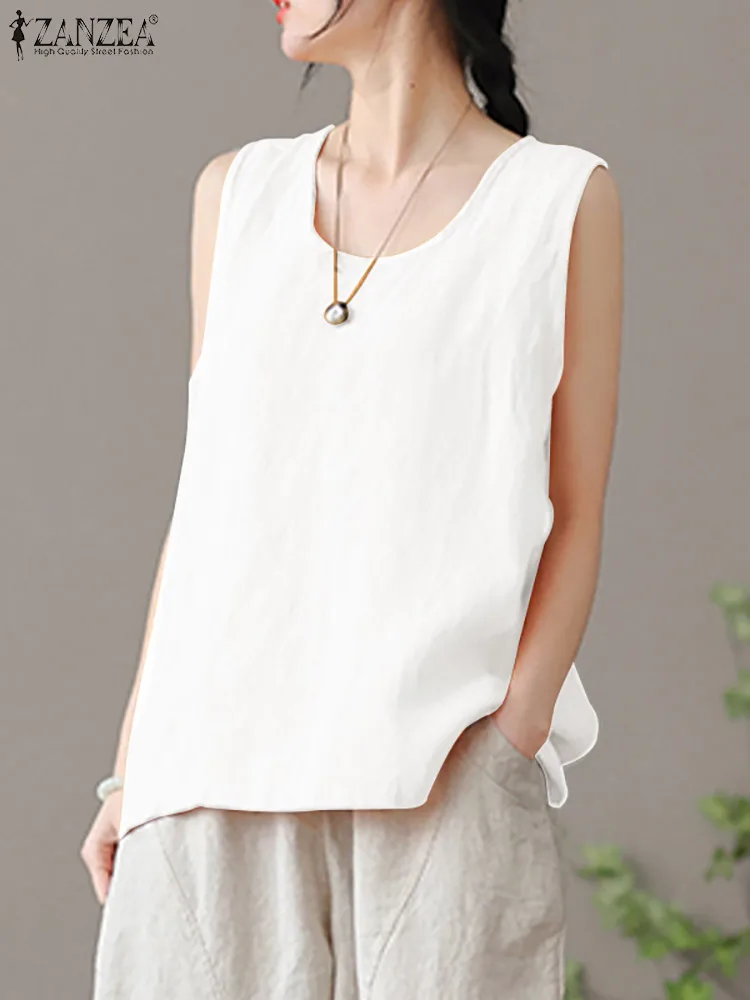 

Женская элегантная однотонная Свободная блузка без рукавов с круглым вырезом, коллекция ZANZEA 2023 года, летние модные майки, Женская пляжная рубашка, офисные блузки для женщин