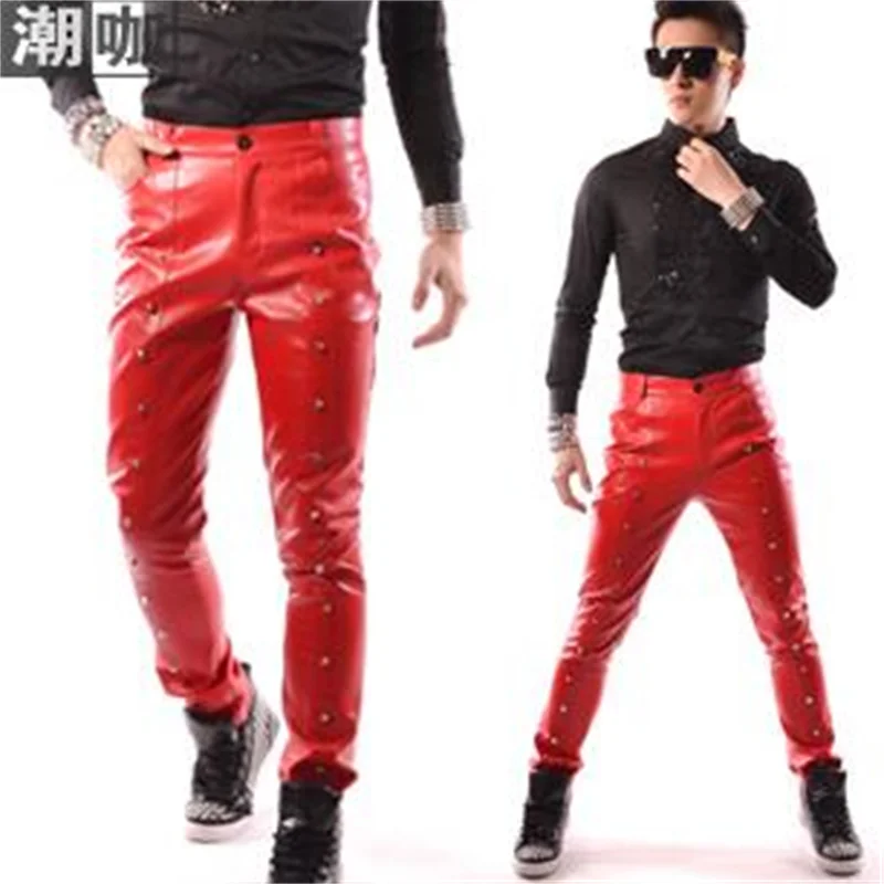 Red Rivet Leather Pants Mens Trousers Decoration Casual Korean Clothing