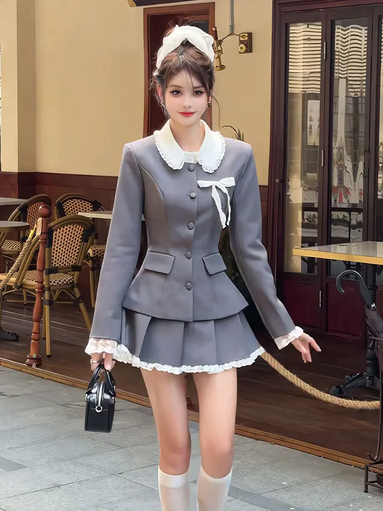 Elegant Two-piece Skirt Set Women Long Sleeve Single Breasted Blazer Coat Lace Pleated Mini Skirt Autumn Korean Fashion Outfits