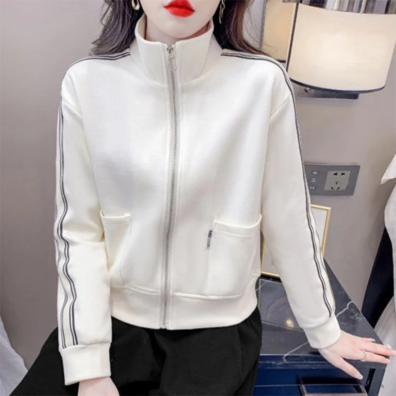 Spring Autumn Stand Collar Loose Casual Zipper Jacket Lady Long Sleeve Patchwork All-match Outwear Women Cardigan Sweatwear Top