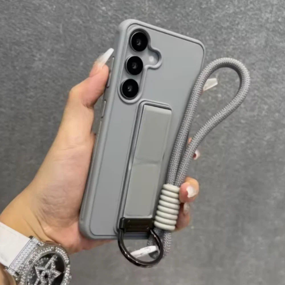 Folding Metal Stand Phone Case with Wrist Strap and Lanyard - Solid Color Matte Silicone Cover