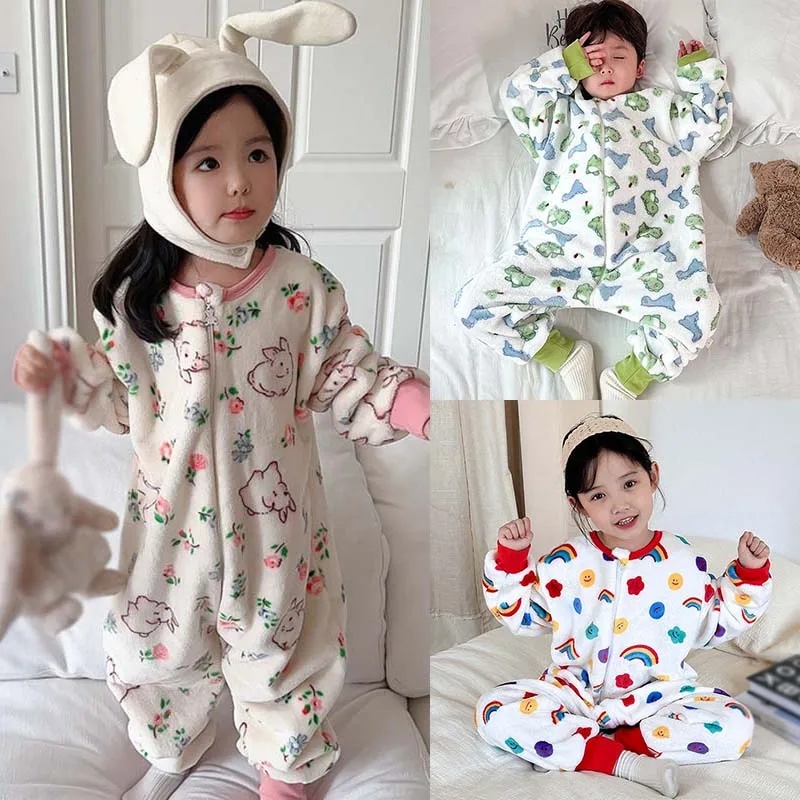 Winter Cartoon Flannel Kids Baby Onesie Pajamas Thickened Split Leg Printed Sleeping Bag Child Plush Warm Jumpsuit Sleapwear