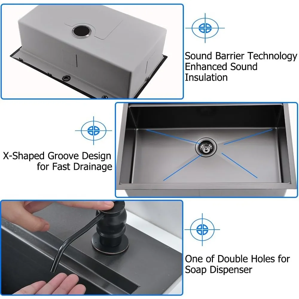 33 Inch Drop in Kitchen Sink, 16 Gauge Black Stainless Steel Sink Workstation Deep Kitchen Sink, Single Bowl Kitchen Sink Basin 4