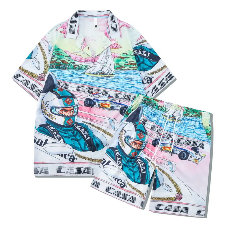 

High Quality Casablanca Seaside Racing Men Women Short Set T Shrt Hawaii Beach Style Suit
