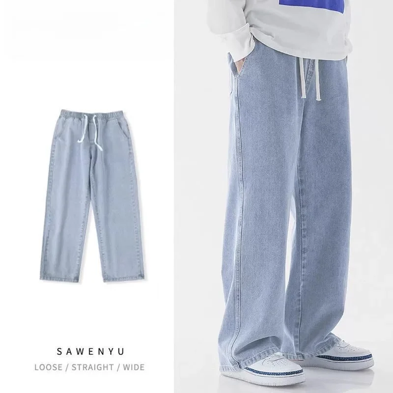 Casual Outdoor Men's Jeans Elastic Waist Loose Fit Long Pants Spring Autumn Workwear Comfortable Straight Leg Blue Denim