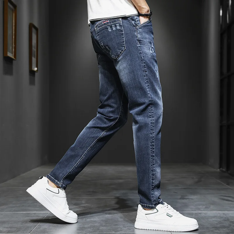 2023 Spring Summer Men's Jeans Korean Fashion Pants Classic Overalls Straight Trousers for Men Large Size Blue Worn Slim Fit