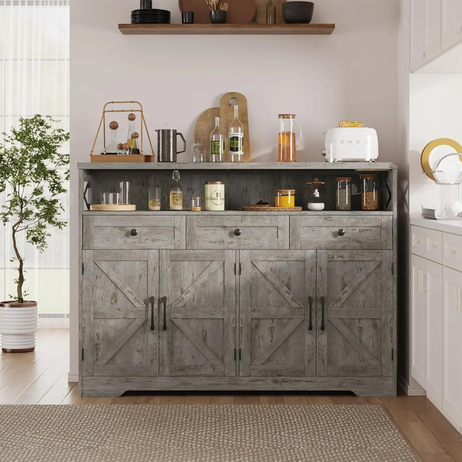 51" Farmhouse Buffet Sideboard Cabinet with Drawers and Barn Doors, Storage Cabinet with Shelf, Kitchen Pantry, Customized 1
