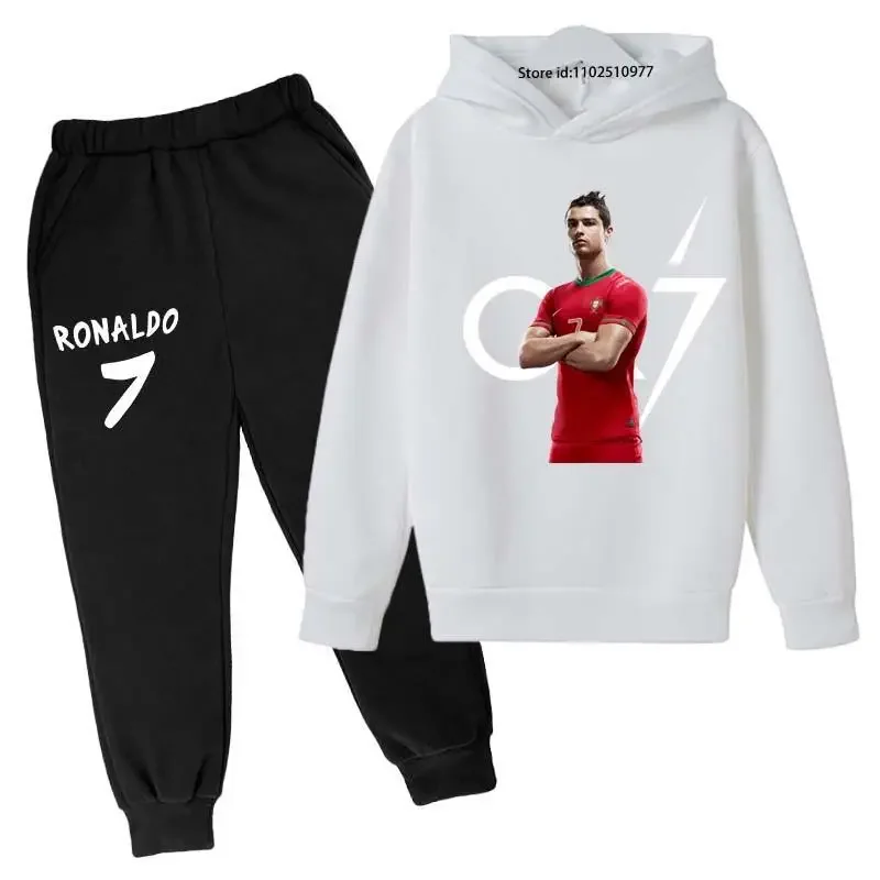 thumbnail image 1 of Conjunto de 2 piezas de sudadera con capucha y pantalones con estampado de ídolo de fútbol Cr7 para niños de 3 a 13 años, ropa informal para bebés, 1 of 5
