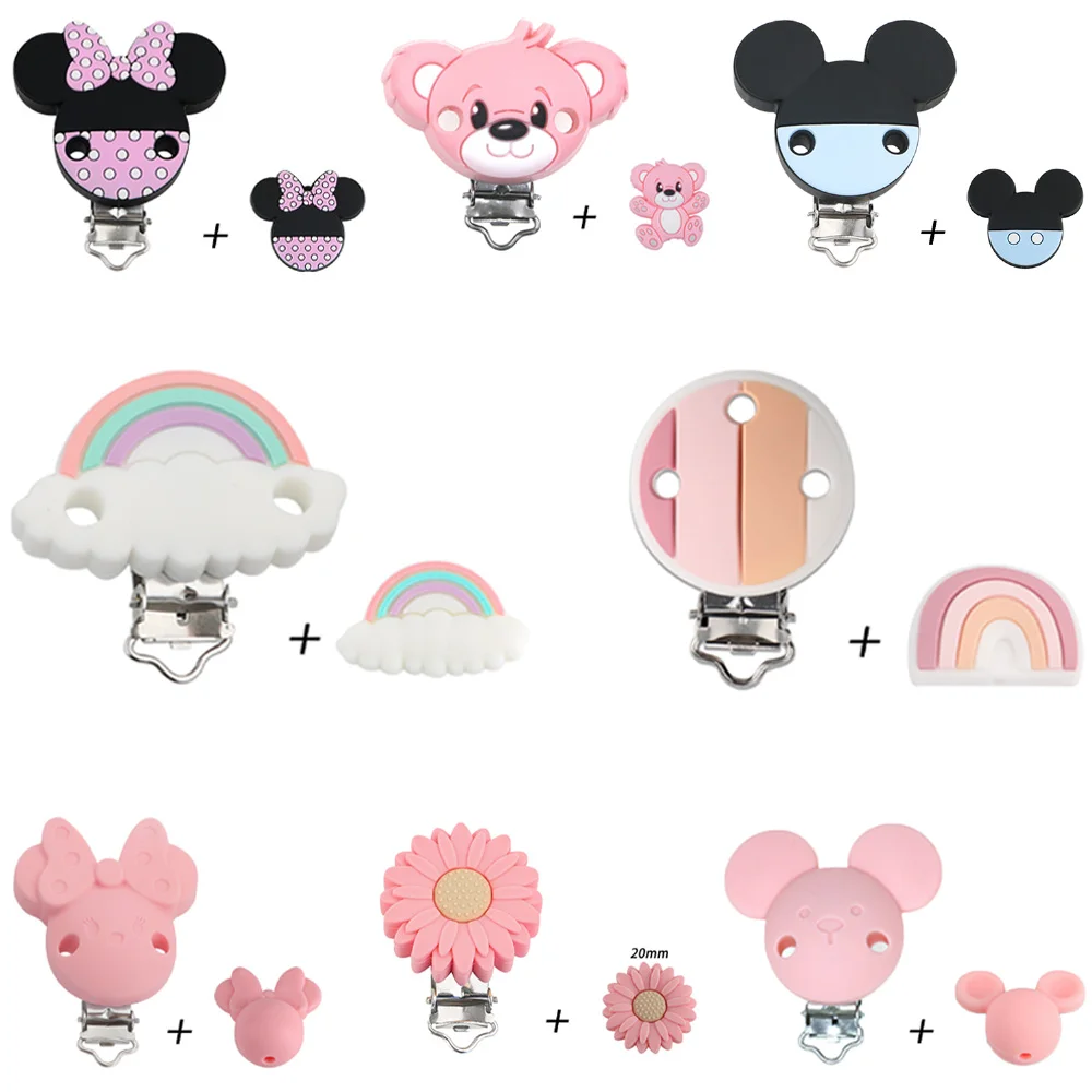 Kovict-Silicone Beads Chupeta Clips, animais dos desenhos animados, Colar de dentição, Food Grade, DIY Cadeia Acessórios, 2pcs por lote