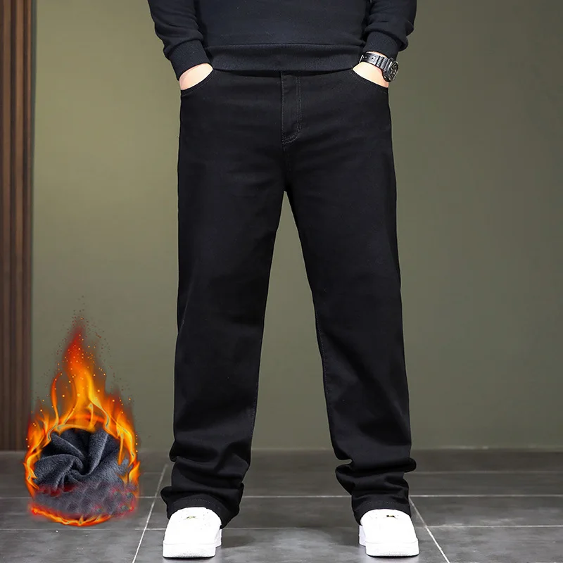 

Winter Pure Black Jeans For Men Thickened Warm Business Jeans For Men Plus Size And Plush Jeans For Men 48 46 44 140kg