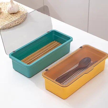 Tray Holder Tableware Organizer Spoon Fork Storage Box Plastic Container Cutlery Rack With Lid And Drainer_voghion.com