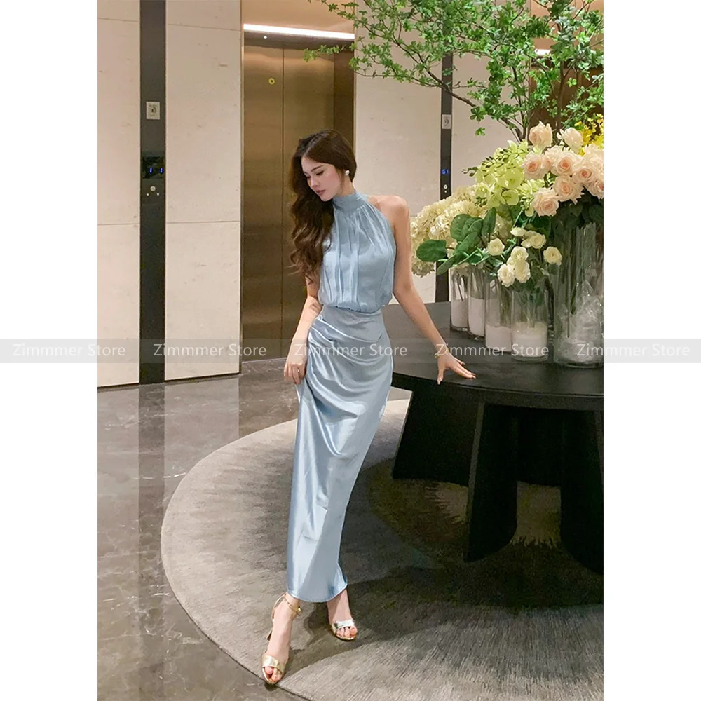 

Высокое качество! Женское платье с лямкой на шее, платье средней длины с поясом и вырезом-подвеской в Королевском Стиле, Новинка лета 24