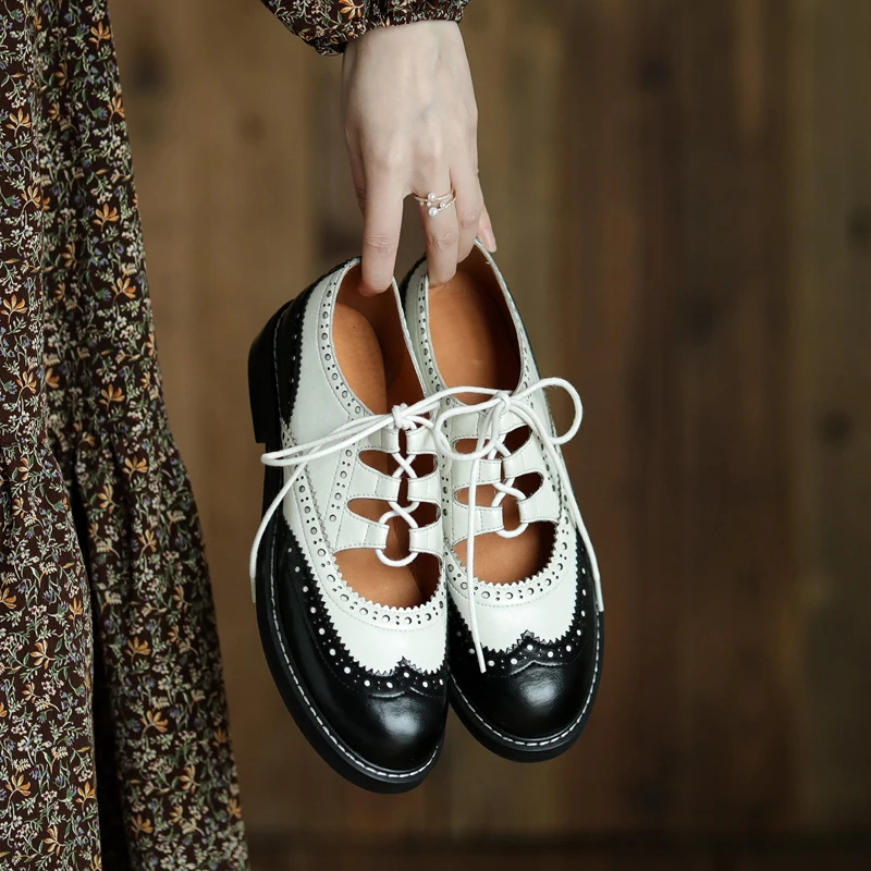 Women Genuine Leather Oxford Shoes Round Toe Black White Lady Lace Up Brogues Loafers Casual Shoes for Women Leather