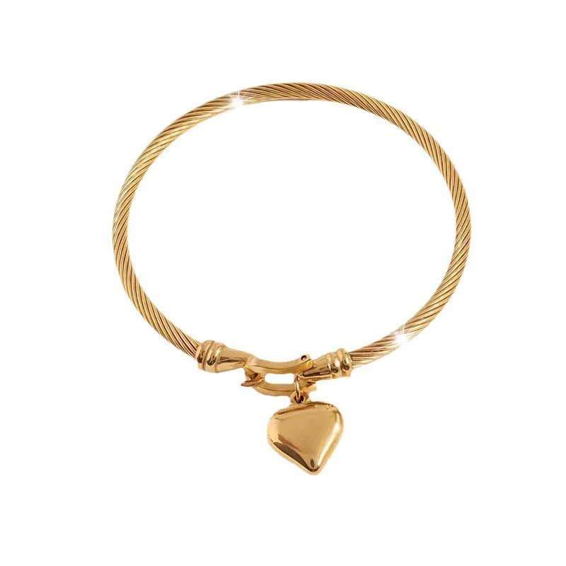 Stainless Steel Gold Color Heart Pendant Bracelets For Women Men Simple Metal Buckle Charm Bangle Bracelets Waterproof Jewelry 6