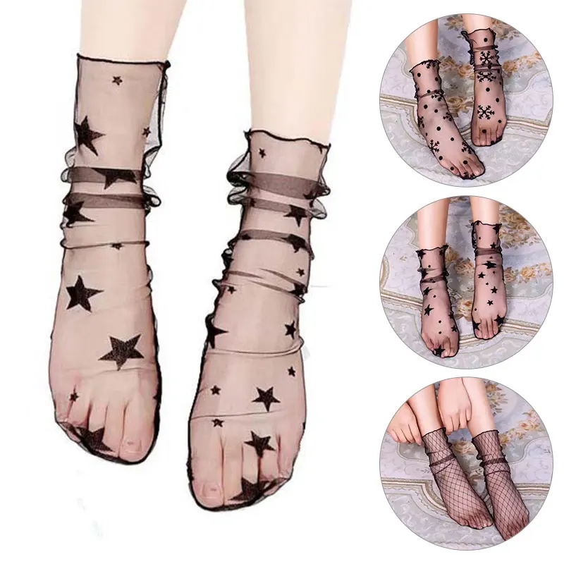 

Spring Summer Retro Lace Floral Mesh Socks for Women Thin Middle Tube Transparent Socks Breathable Silk Ultrathin Socks