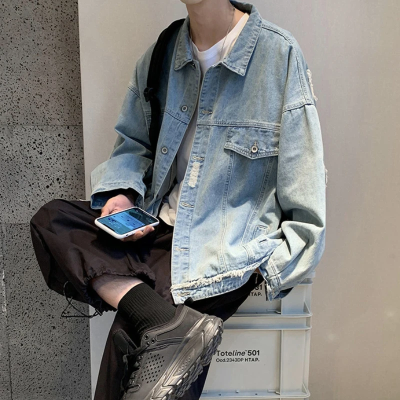 Denim Jackets Men Hole Raw Edge Streetwear Autumn All-match Long Sleeve Korean Commuting Style Youthful Teenagers Outwear Daily 2