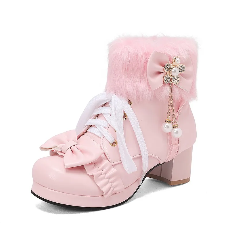 

Autumn Winter Women Sweet Lolita Boots Side Zipper Lace Up Chunky Heels Round Toe Ankle Bow Pearl Cosplay Dress Jk Uniform Shoes