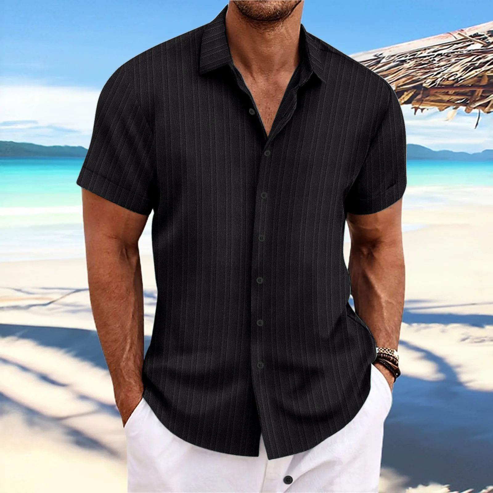 Summer 2024  Men's Loose Casual Trend Solid Color Cardigan Stripe Jacquard short-Sleeved Shirt 2
