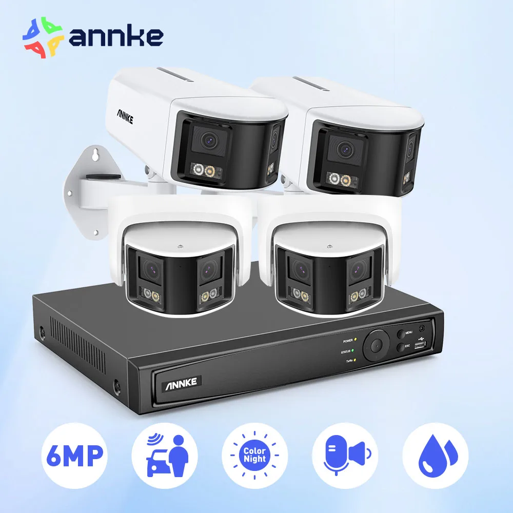 ANNKE 6MP POE Network Video Security Camera System With 2pcs 4pcs 6MP 180° Dual Lens POE Ip Cameras Two Way Audio POE Kit