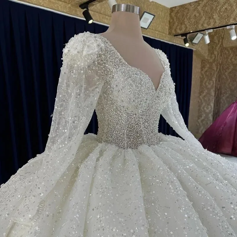 Luxury White Sequined Wedding Dresses 2024Sweetheart Long Sleeves Vestido De Novia Lace Princess Ball Gown Robe De Mariee Custom 3