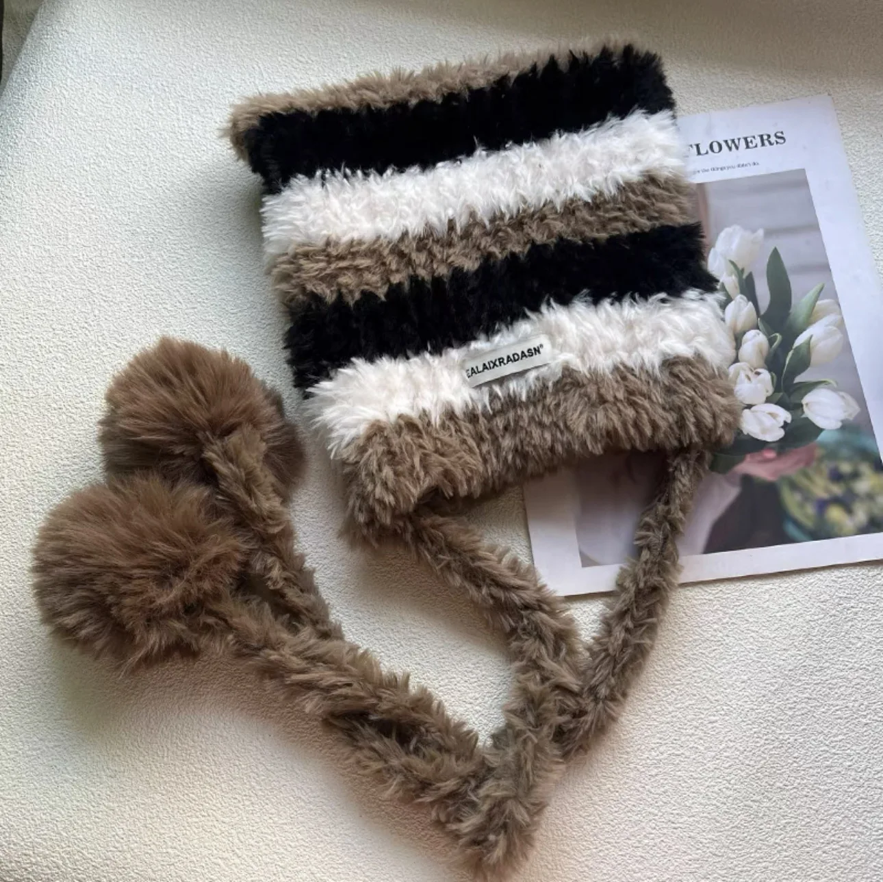 Cat Ear Contrast Stripe Handmade Crochet Plush Beanie Hat Woman Cute Ear Protection Warm Imitation Mink Wool Cap in Winter Hats winter hat,wool hat,knit beanie hat
