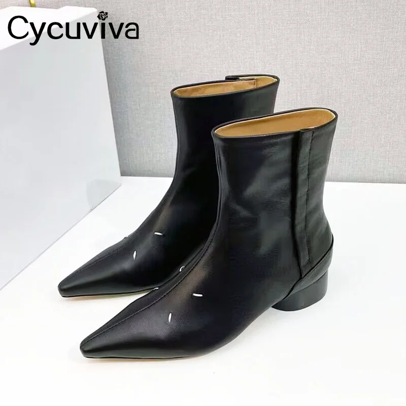 

Autumn Black Real Leather Short Boots Designer Brand Chelsea Ankle Boots For Woman Spring Party Shoes Women Mid Heel Botties