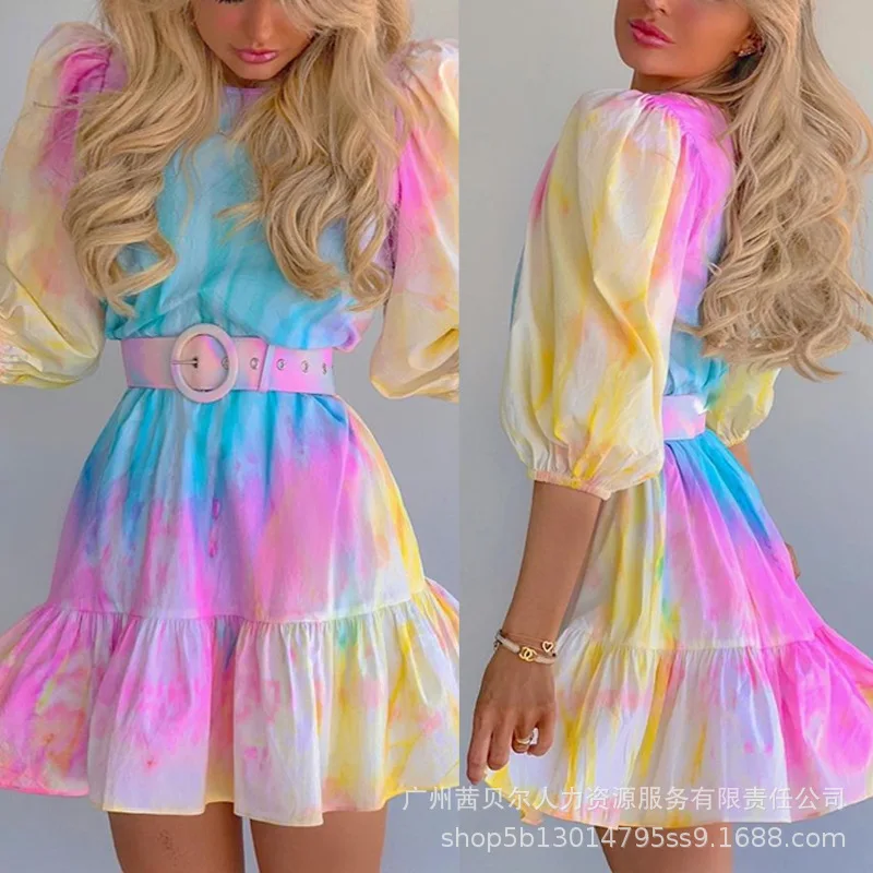 

Wepbel Y2K Tie-Dye Color Dress Belt O-neck Short Sleeve A-line Summer Sweet Ruffle Dress High Waist Slim Fits Cute Ladies Dress