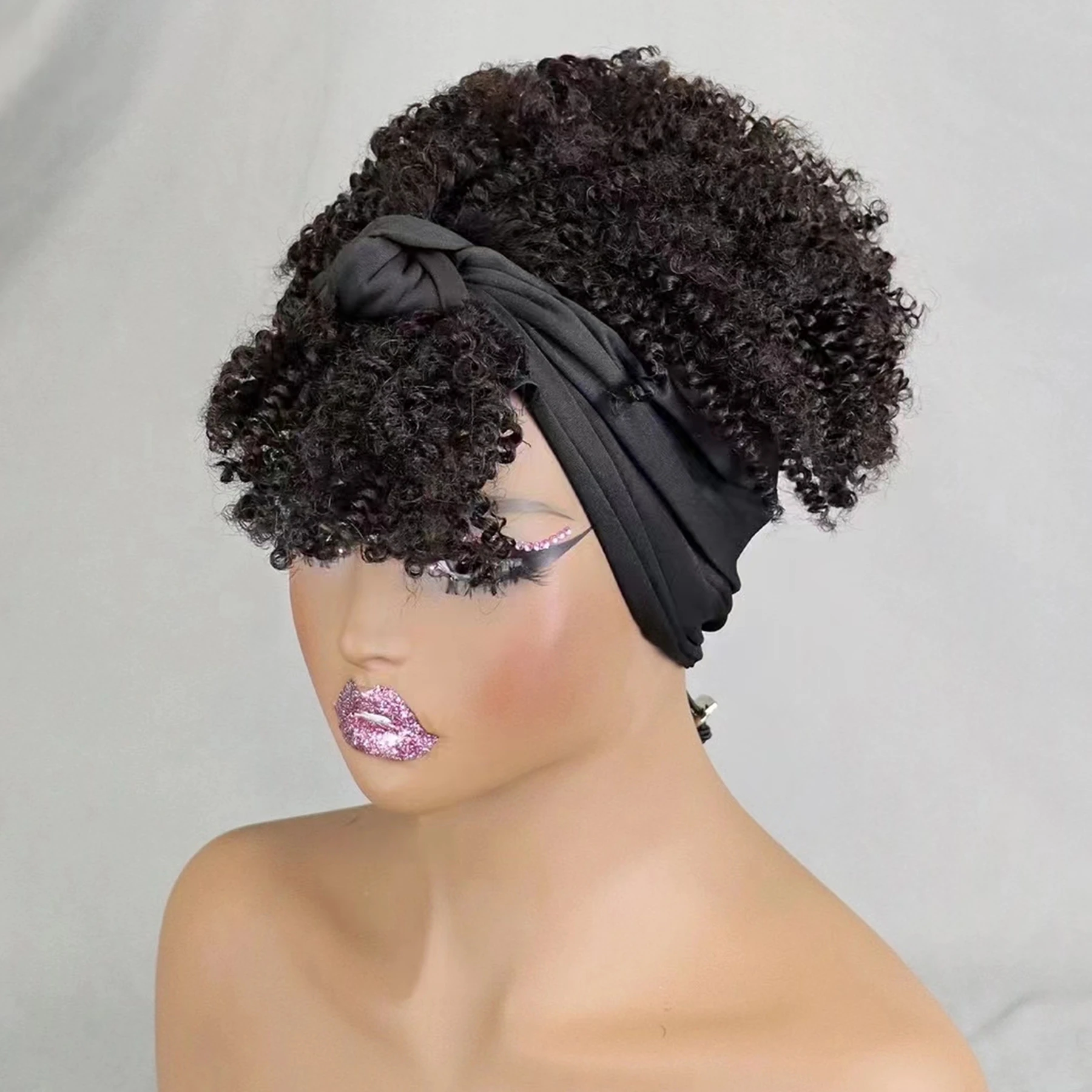 200% 밀도의 기계식 풀메이드 가발 스카프 가발 (앞머리 포함) 자연스러운 아프로 곱슬머리 짧은 인모 가발 (흑인 여성용, 프리플럭킹 처리)