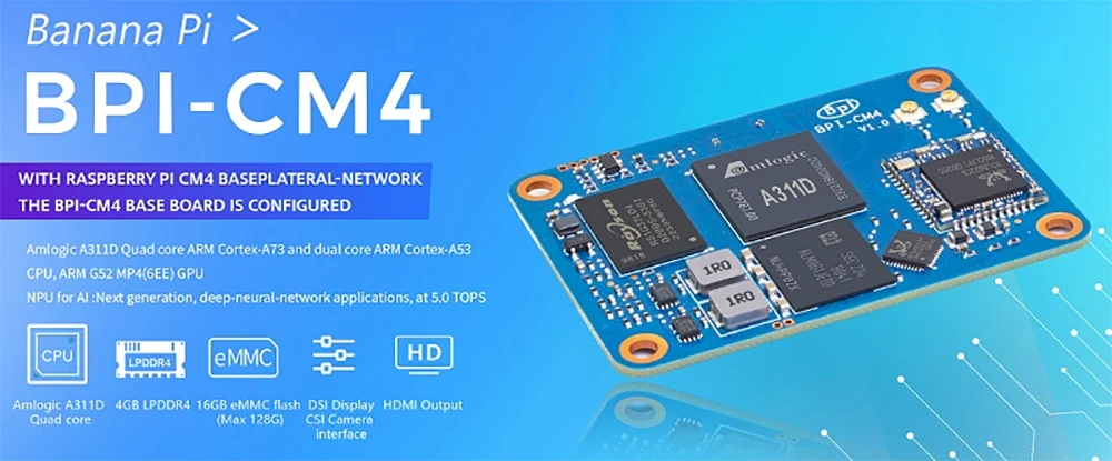 Banana Pi BPI-CM4 Amlogic A311D Quad Core ARM Cortex-A73 4G LPDDR4 16G eMMC Mini