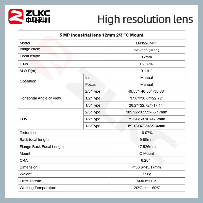 ZLKC ְ 5.0 ްȼ   ,  ,  FA ī޶ , 2/3 ġ F2.8 , C Ʈ, 12mm