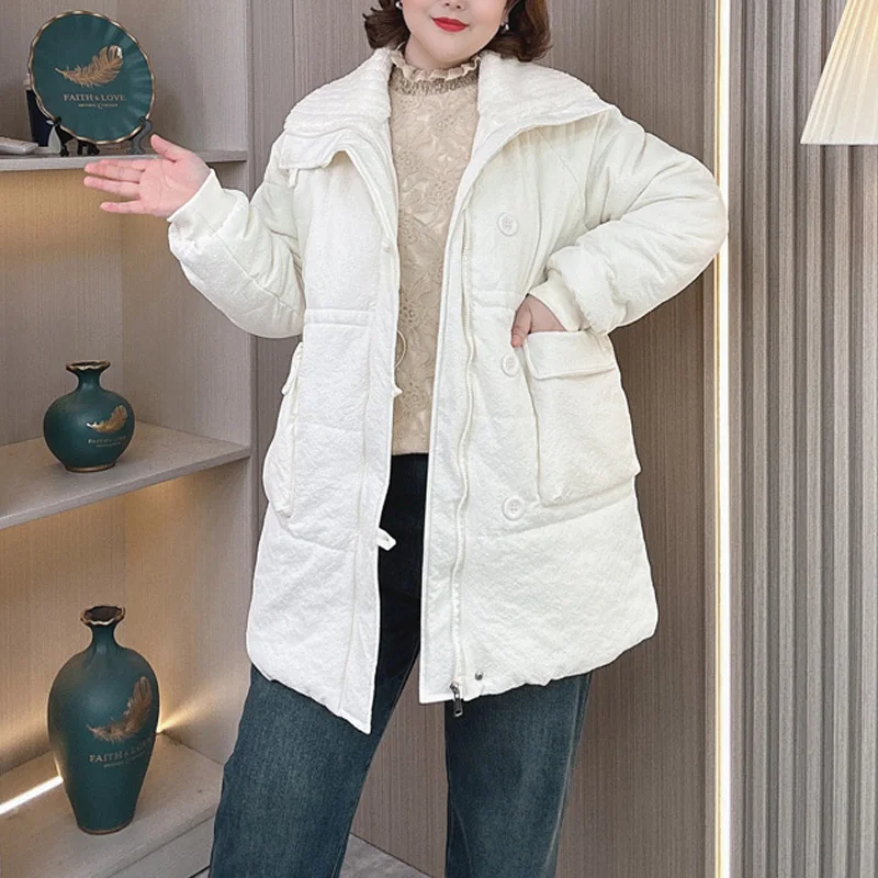 Plus Size Women Down Cotton Parka Winter Loose Fashion Warm Big Pocket Knitted Collar Cotton-Padded Coat 276