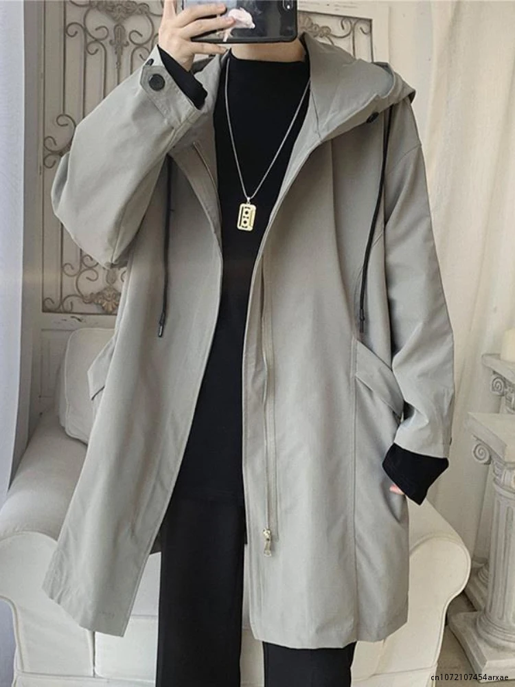 

Windbreaker Men's Mid-length Spring Autumn Trench Coat Hooded Jacket Korean Trend Handsome Preppy Cape Cloak Punk Streetwear